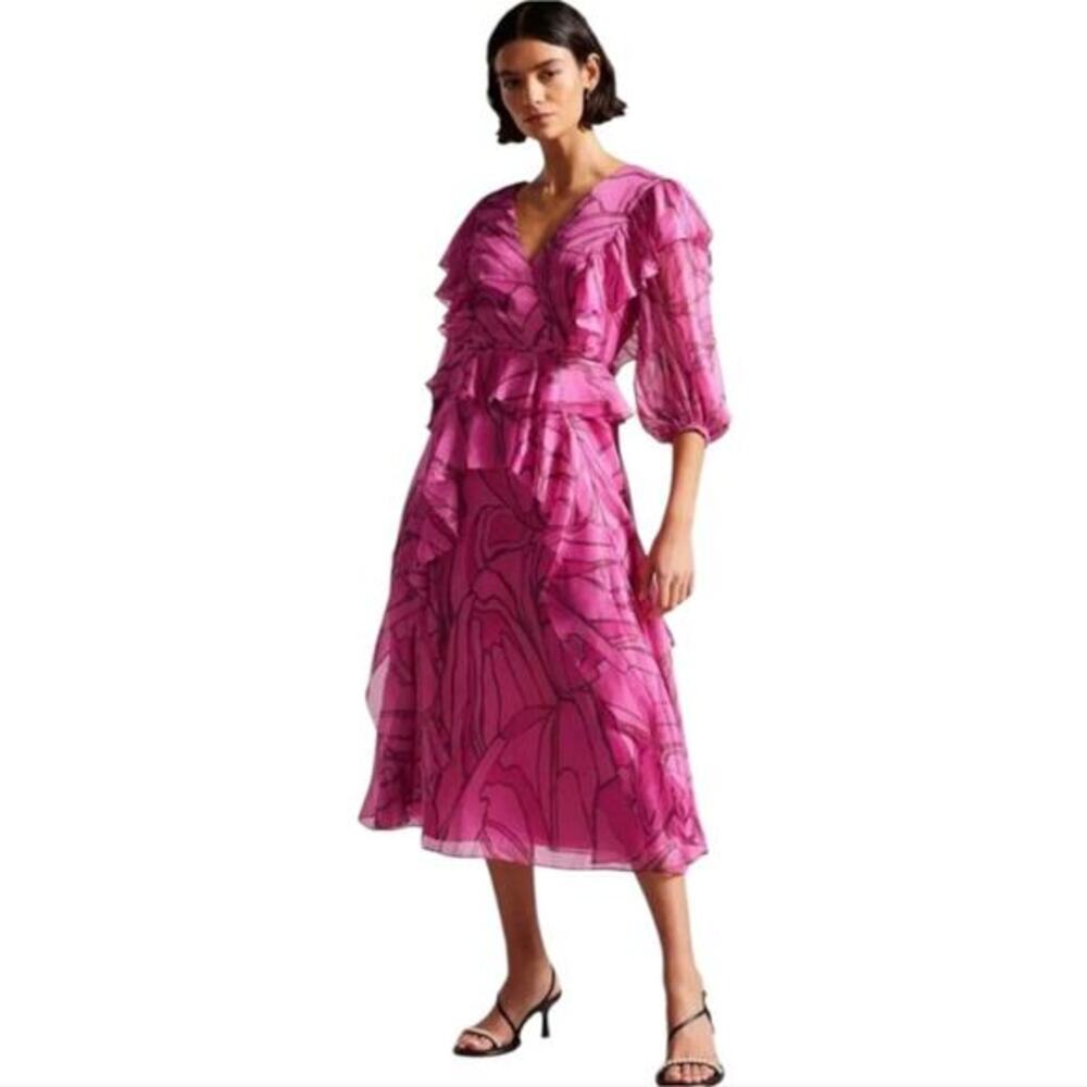 TED BAKER Victoir Shimmer Abstract Tie Back Pinafore Ruffle Dress 3 NWT $445 - Picture 1 of 13